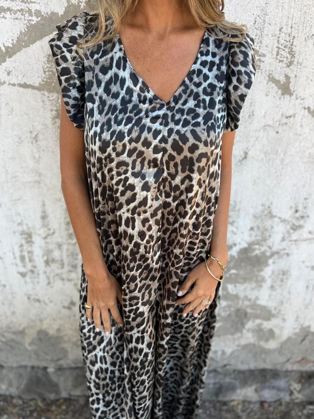 Josephine | Mujer Mono Maxi con Escote en V y Estampado de Leopardo