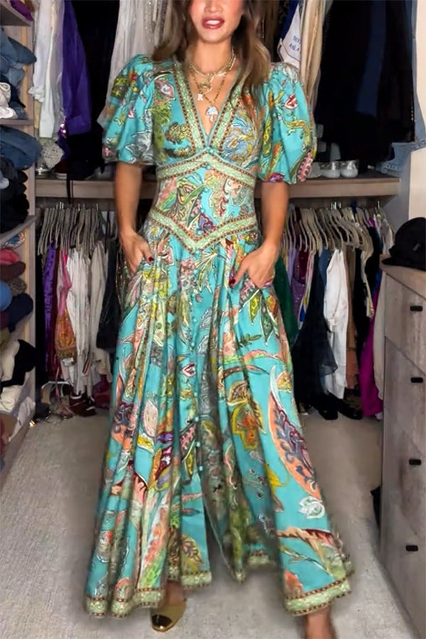 Isla | Mujer Vestido Maxi Boho Entallado con Mangas Abullonadas
