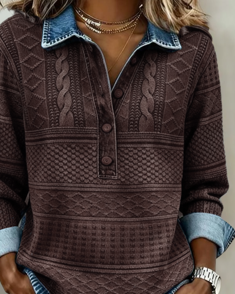 Jillian | Mujer Suéter Texturizado Estilo Denim con Cuello de Botones