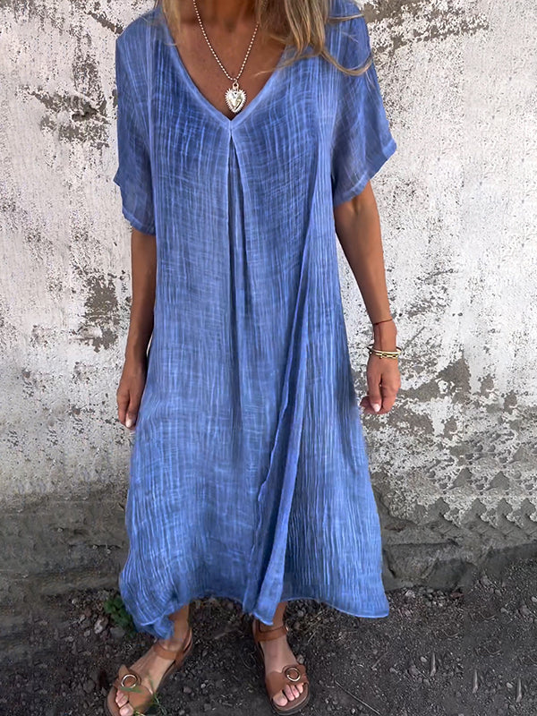 Dymphna | Mujer Vestido Largo de Algodón y Lino con Escote en V