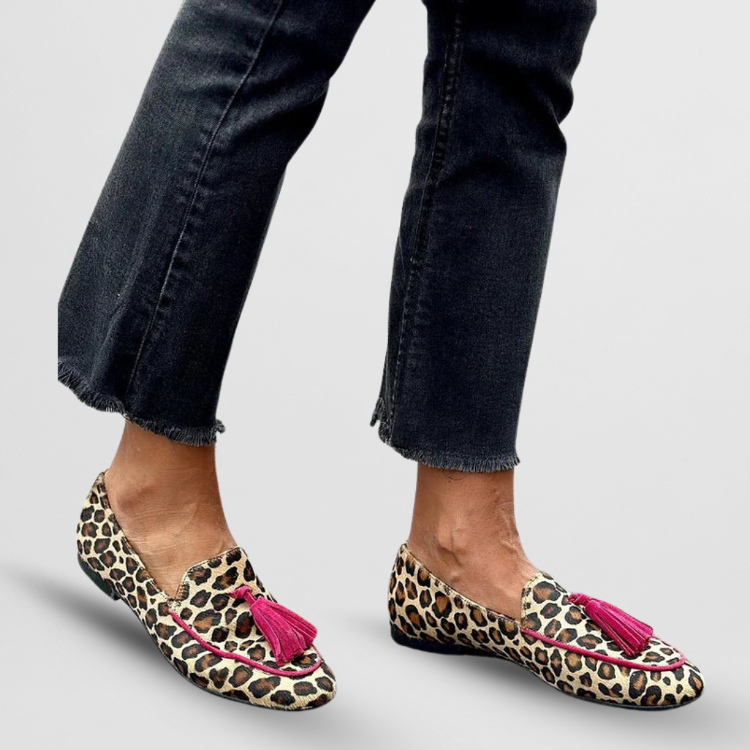 Dahlia | Mujer Mocasines con Estampado Animal y Flecos