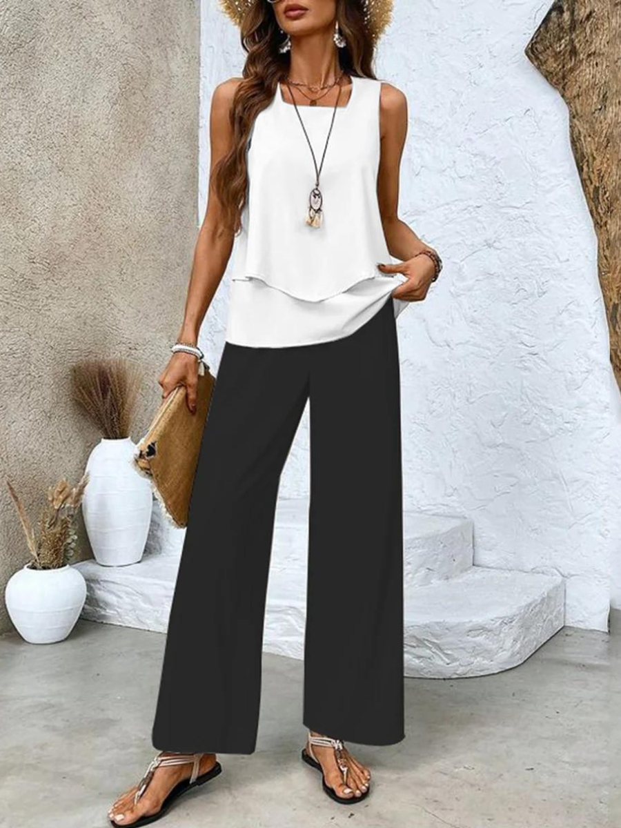 Marilena | Mujer Conjunto de Dos Piezas con Top en Capas y Pantalón Estampado
