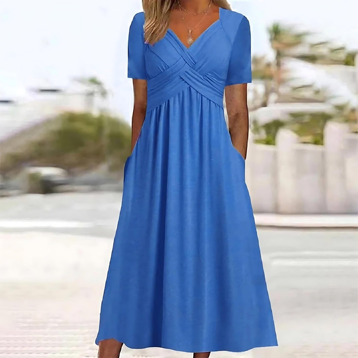 Marlinde | Mujer Vestido Midi con Escote en V Plisado y Bolsillos
