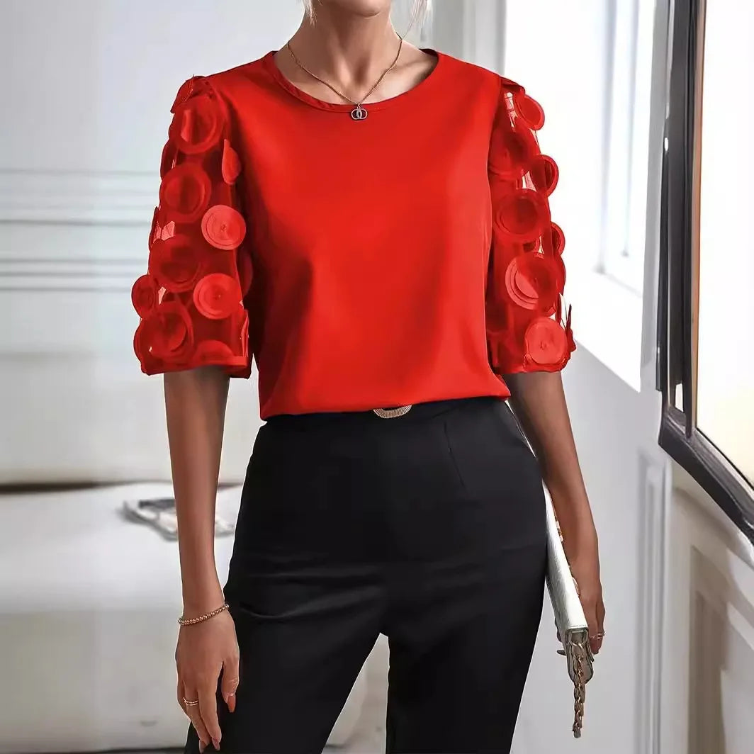 Lina | Mujer Blusa con Escote en V y Mangas Transparentes de Lunares