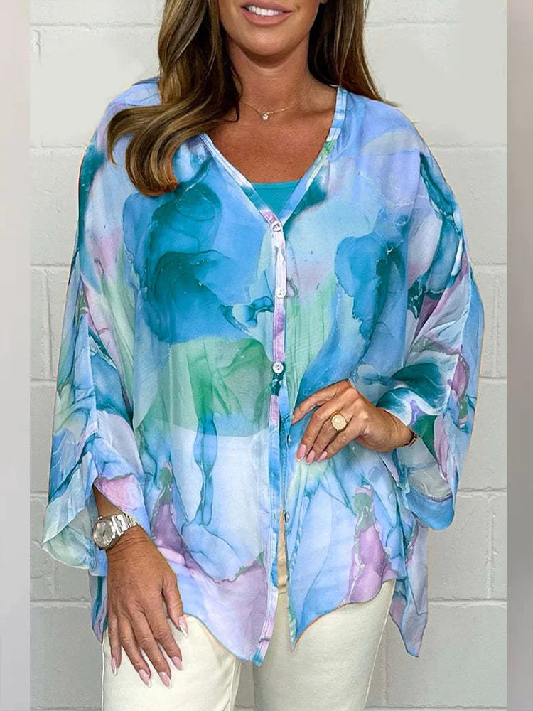 Steph | Mujer Blusa Oversize con Estampado de Acuarela y Botones