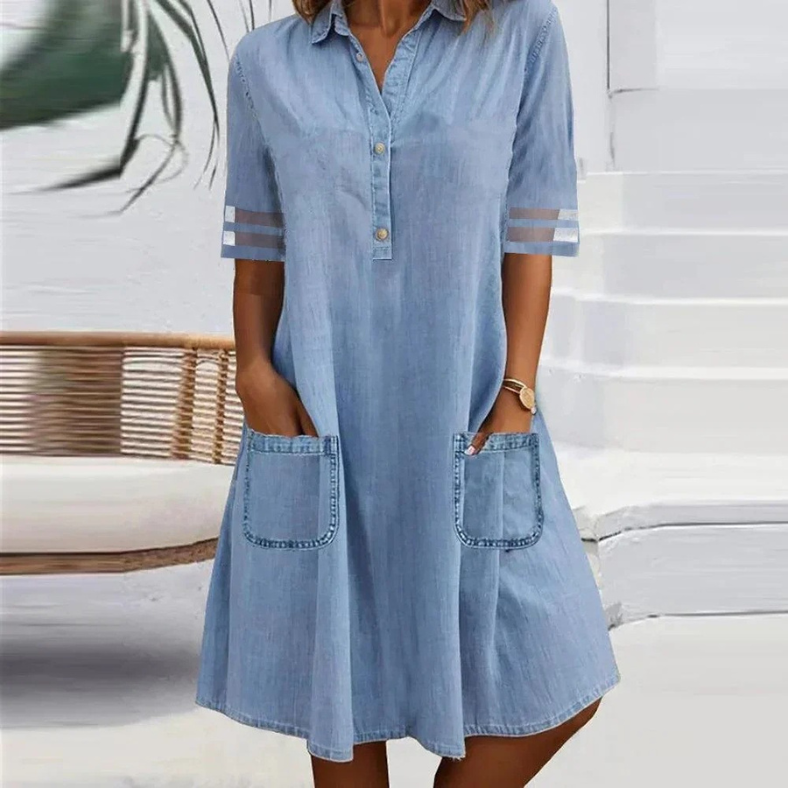 Carmen | Mujer Vestido Mini Vaquero con Cuello y Bolsillos