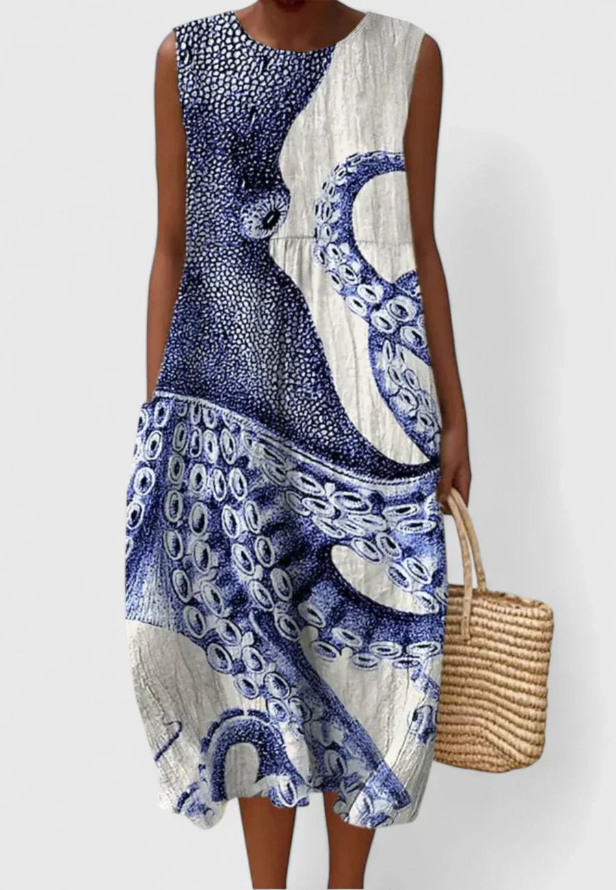 Elena | Mujer Vestido Midi Fluido con Estampado Oceánico