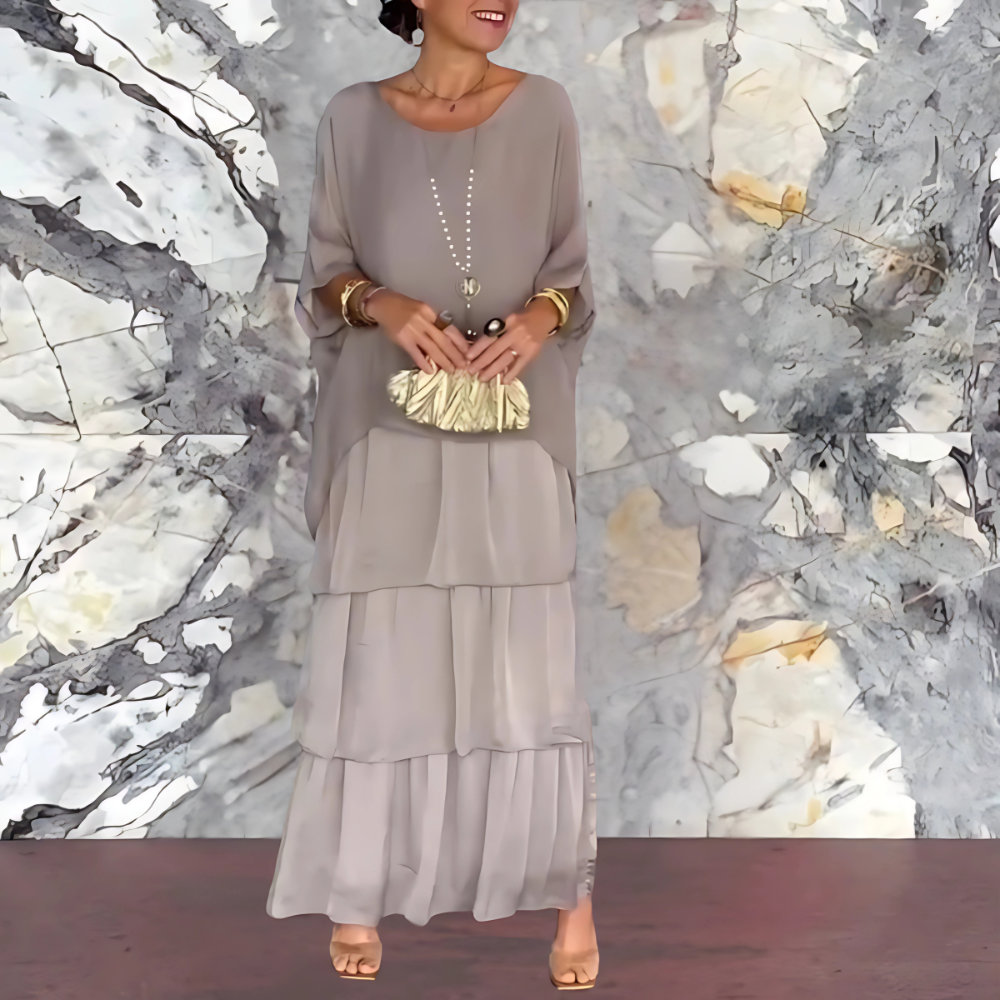 Jara | Mujer Vestido Largo con Mangas de Murciélago y Escote Redondo