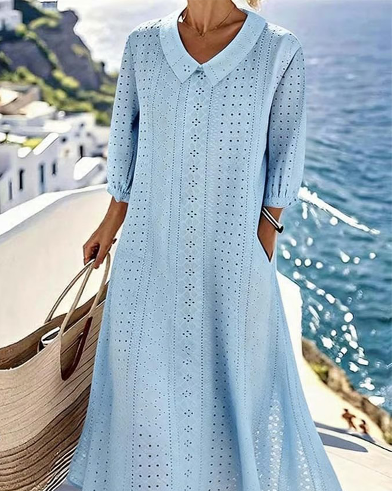 Mujer Vestido Midi con Botones y Bordado Fluido