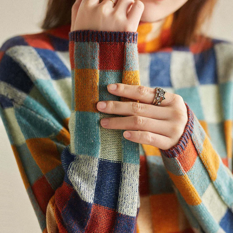 Julia | Mujer Suéter de Cuello Alto con Motivo Patchwork