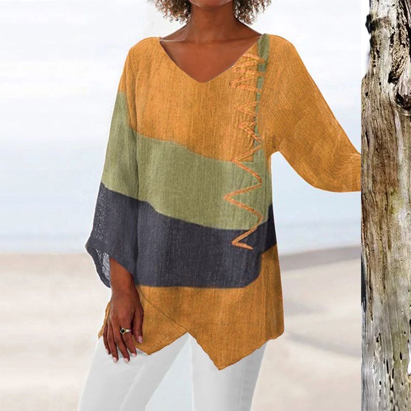 Anne | Mujer Camiseta de Algodón con Escote en V y Estampado Vintage