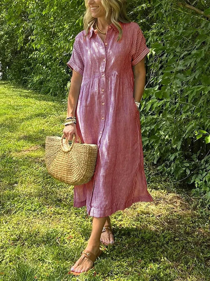 Claire | Mujer Vestido Camisero a Rayas con Botones y Cuello