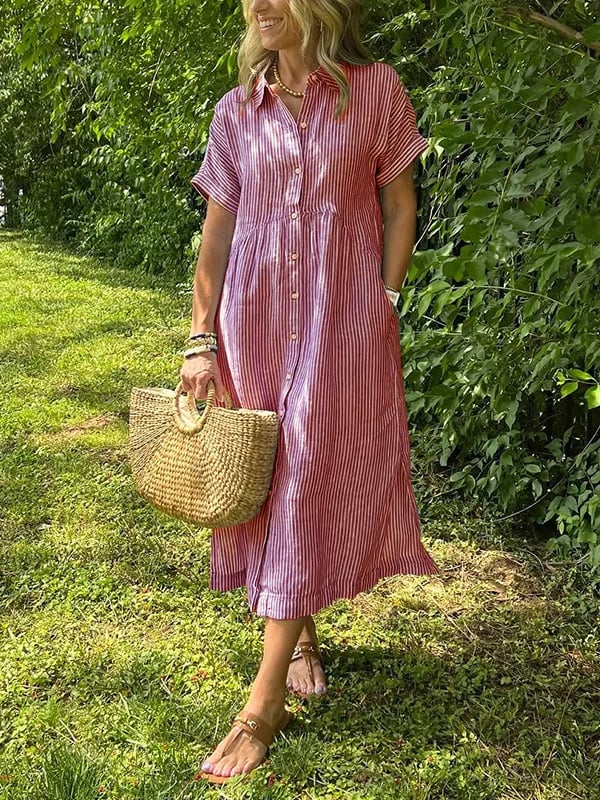 Camila | Mujer Vestido Midi con Botones y Manga Corta