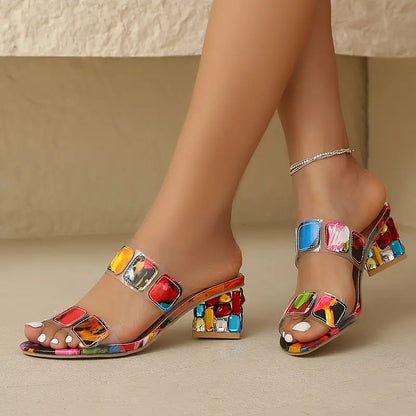 Lymber | Mujer Sandalias de Tacón Cuadrado con Estampado de Mosaico