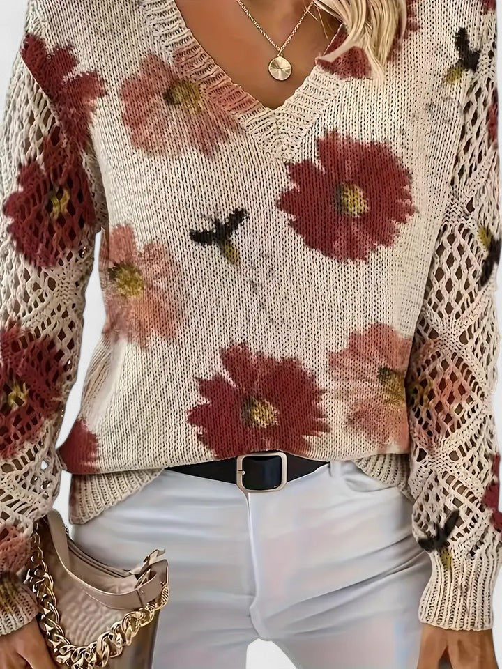 Lauren | Mujer Suéter de Punto con Escote en V y Motivo Floral
