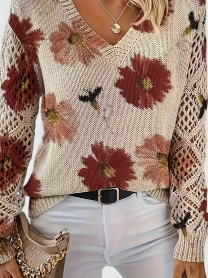 Lauren | Mujer Suéter de Punto con Escote en V y Motivo Floral