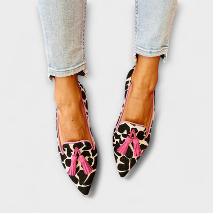 Julia | Mujer Mocasines en Punta con Estampado Animal y Flecos