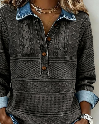 Jillian | Mujer Suéter Texturizado Estilo Denim con Cuello de Botones