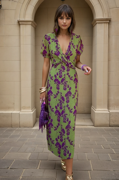 Arja | Mujer Vestido Midi Cruzado Floral con Escote en V