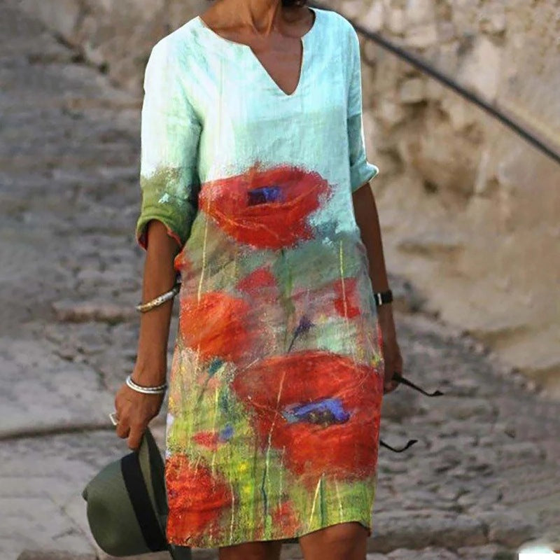 Heidi | Mujer Vestido Floral con Escote en V y Manga Tres Cuartos