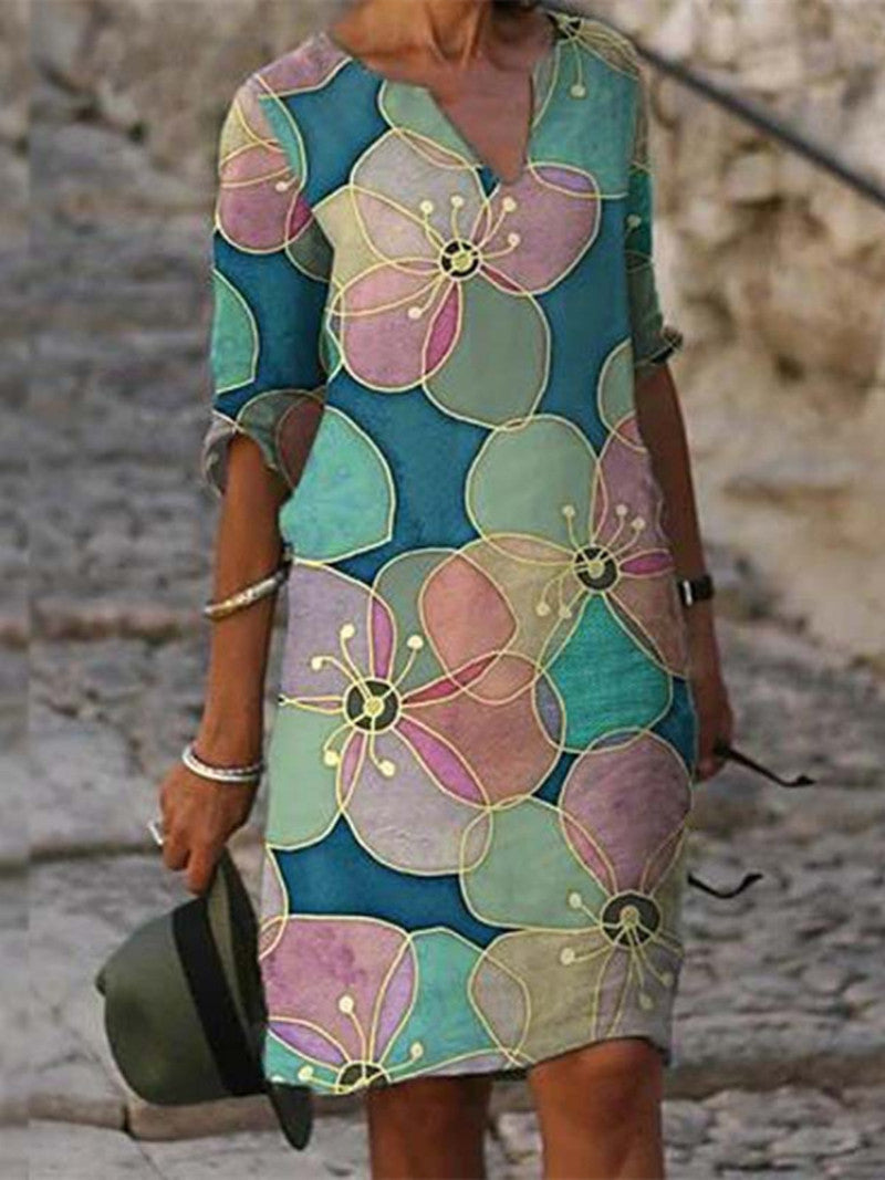 Heidi | Mujer Vestido Floral con Escote en V y Manga Tres Cuartos