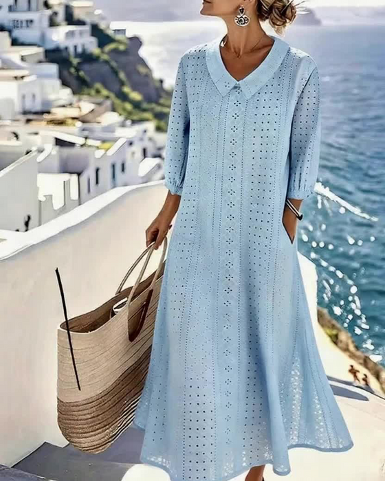 Mujer Vestido Midi con Botones y Bordado Fluido