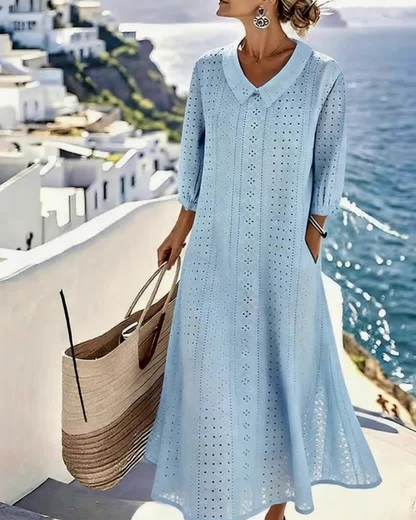 Mujer Vestido Midi con Botones y Bordado Fluido