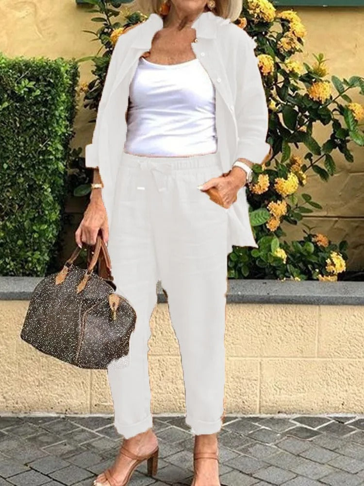 Inez | Mujer Conjunto de Camisa de Manga Larga y Pantalón de Brocado