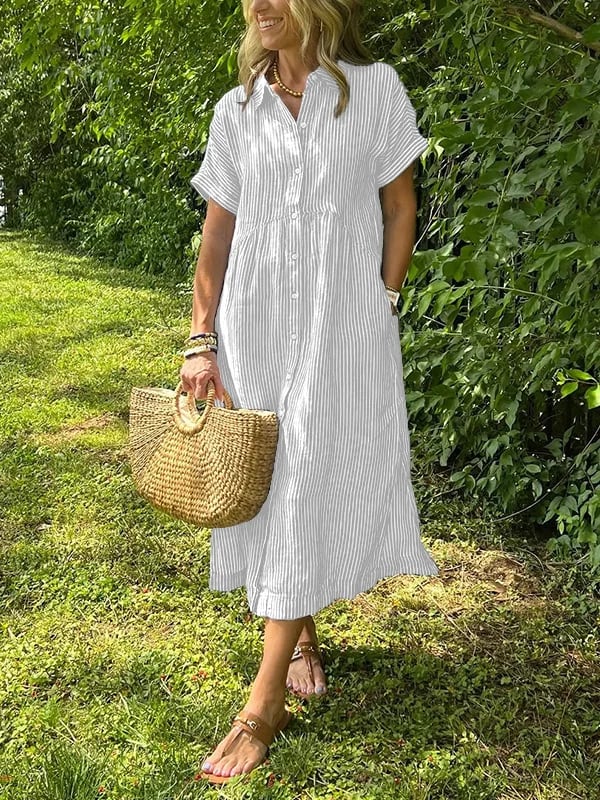 Claire | Mujer Vestido Camisero a Rayas con Botones y Cuello