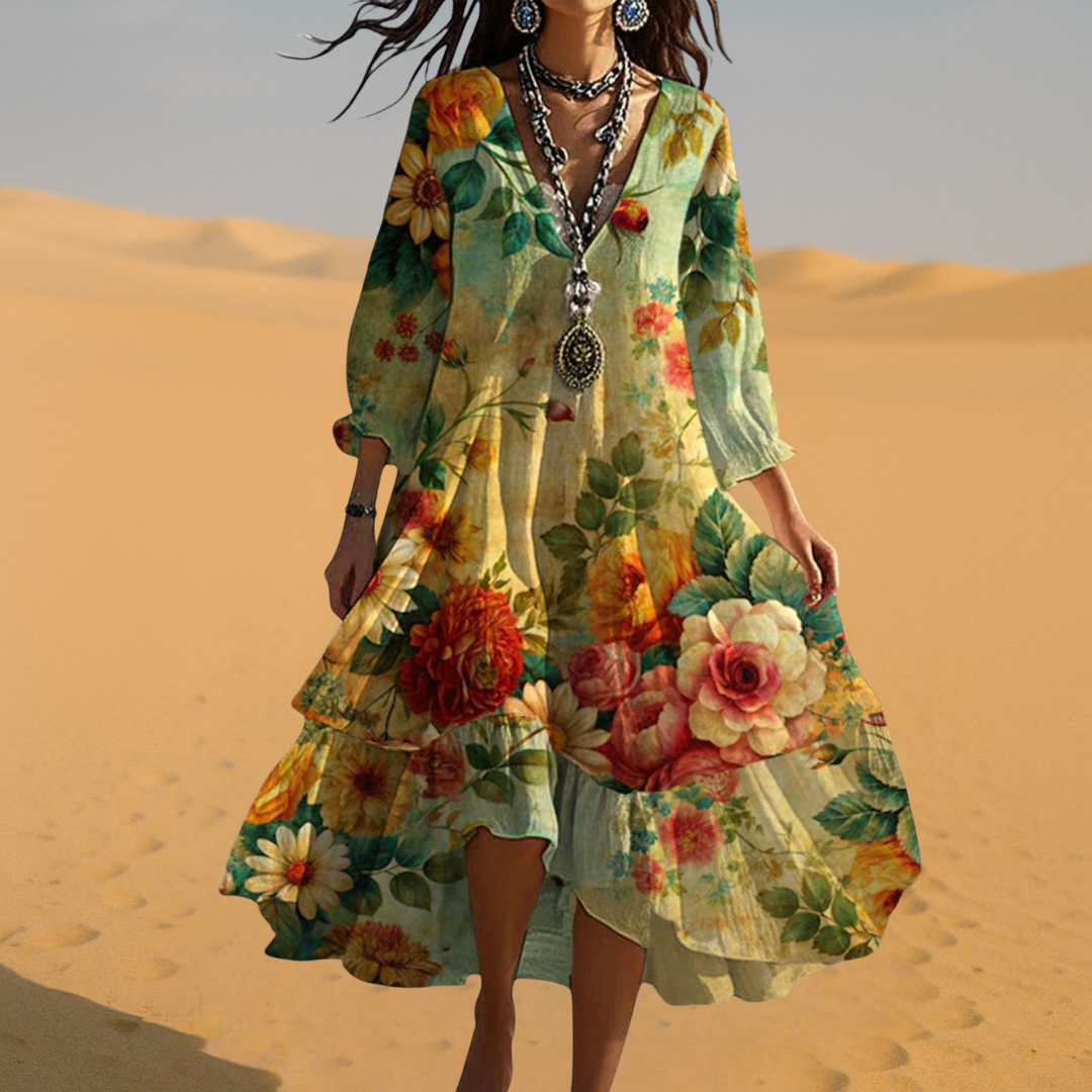 Elize | Mujer Vestido Midi Boho Floral con Escote en V