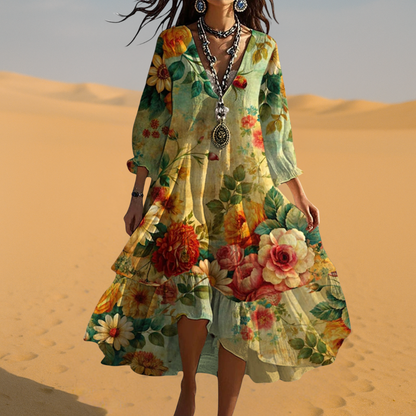 Elize | Mujer Vestido Midi Boho Floral con Escote en V