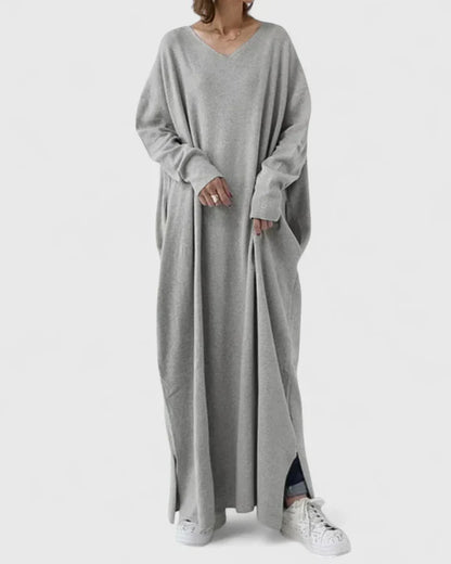 Avelina | Mujer Vestido Maxi de Manga Larga con Escote en V y Bolsillos