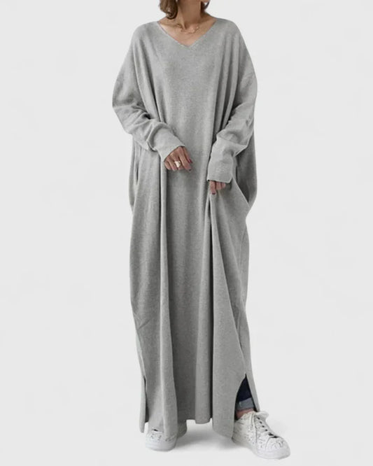 Avelina | Mujer Vestido Maxi de Manga Larga con Escote en V y Bolsillos