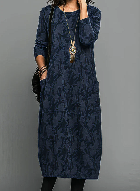 Chessie | Mujer Vestido de Invierno Floral con Escote Redondo y Bolsillos