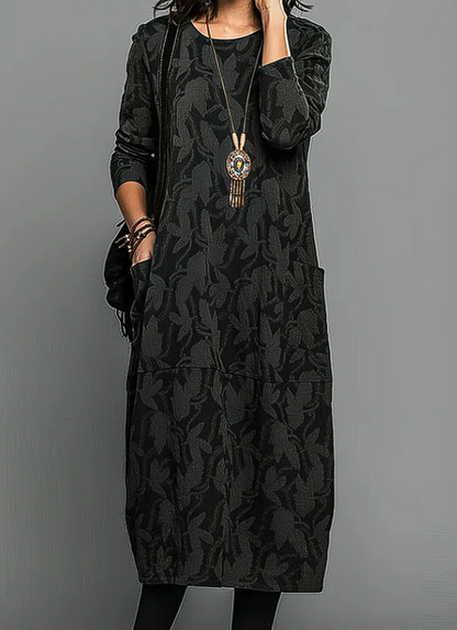 Chessie | Mujer Vestido de Invierno Floral con Escote Redondo y Bolsillos