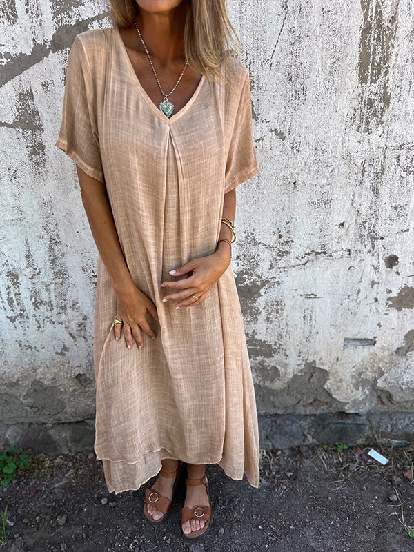 Dymphna | Mujer Vestido Largo de Algodón y Lino con Escote en V