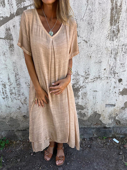 Dymphna | Mujer Vestido Largo de Algodón y Lino con Escote en V