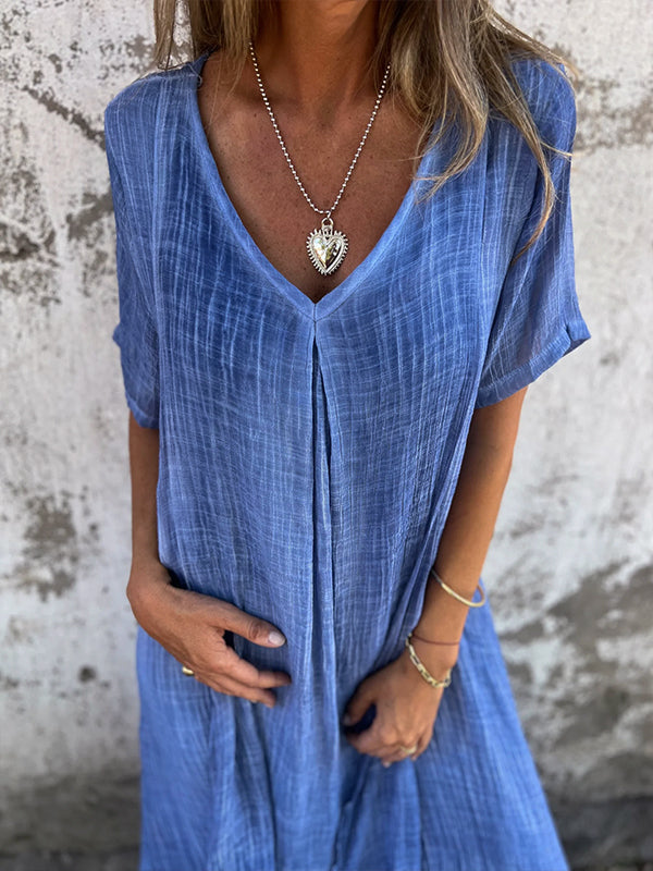 Dymphna | Mujer Vestido Largo de Algodón y Lino con Escote en V