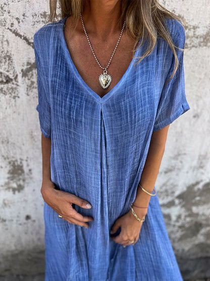 Dymphna | Mujer Vestido Largo de Algodón y Lino con Escote en V