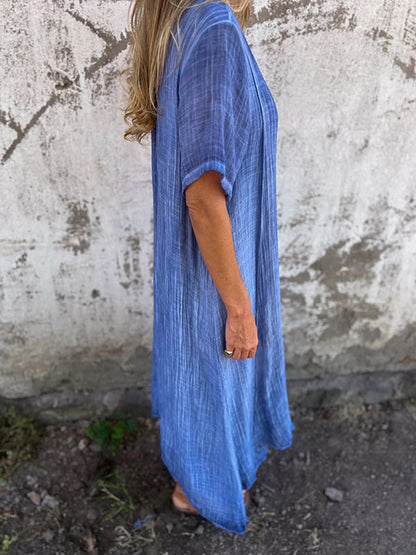 Dymphna | Mujer Vestido Largo de Algodón y Lino con Escote en V