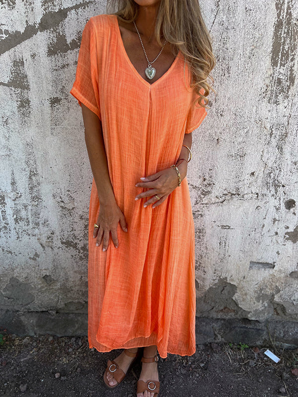 Dymphna | Mujer Vestido Largo de Algodón y Lino con Escote en V
