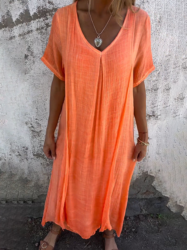 Dymphna | Mujer Vestido Largo de Algodón y Lino con Escote en V