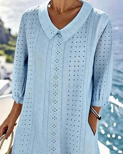 Mujer Vestido Midi con Botones y Bordado Fluido