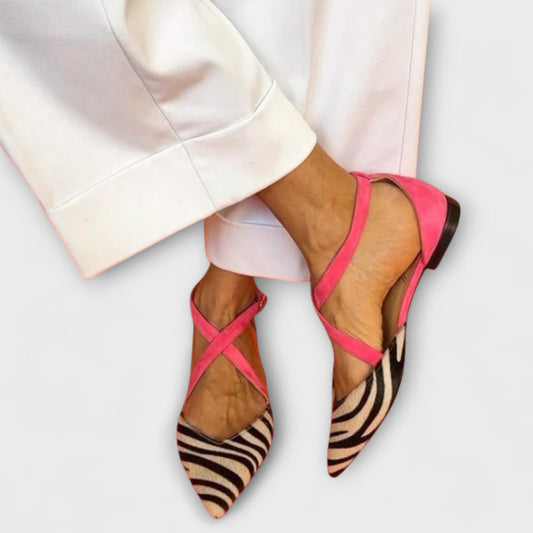 Fenna | Mujer Sandalias Planas con Tiras Cruzadas y Estampado de Cebra