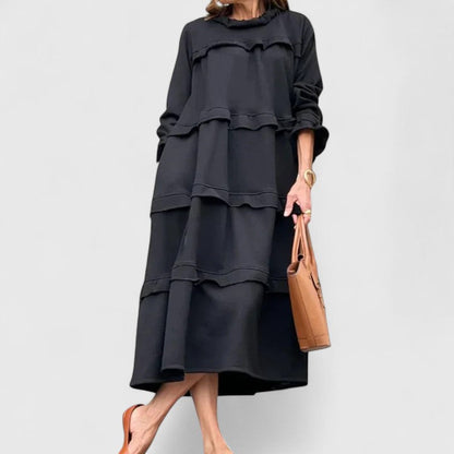 Wendy | Mujer Vestido Midi en Capas con Cuello Alto y Volante