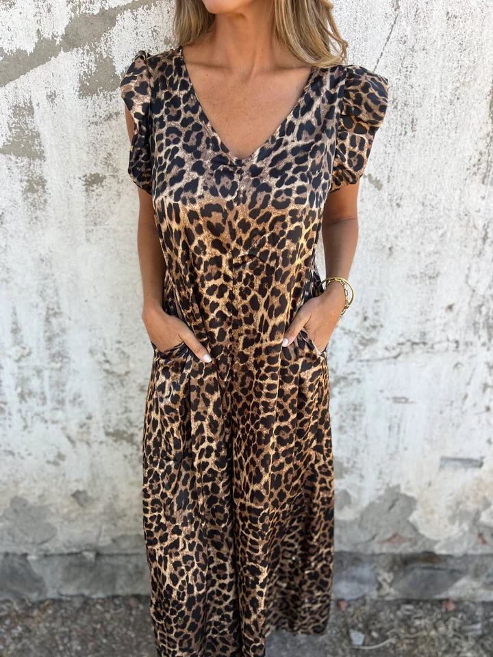 Josephine | Mujer Mono Maxi con Escote en V y Estampado de Leopardo