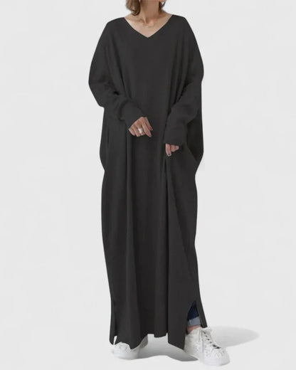 Avelina | Mujer Vestido Maxi de Manga Larga con Escote en V y Bolsillos