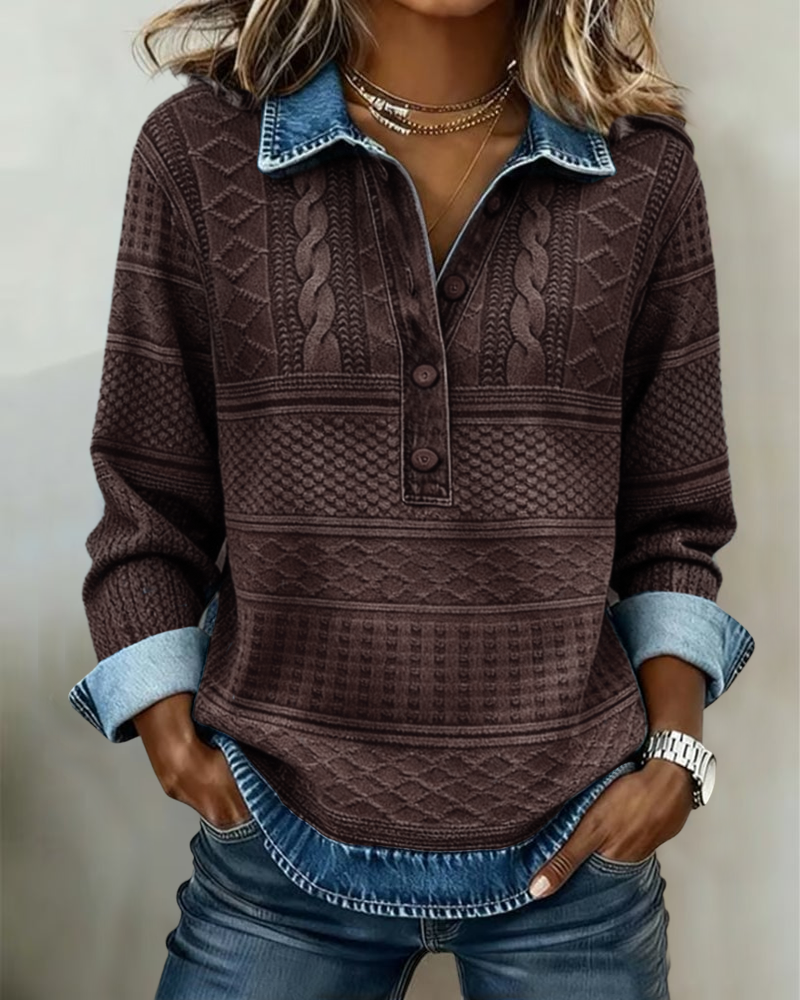 Jillian | Mujer Suéter Texturizado Estilo Denim con Cuello de Botones