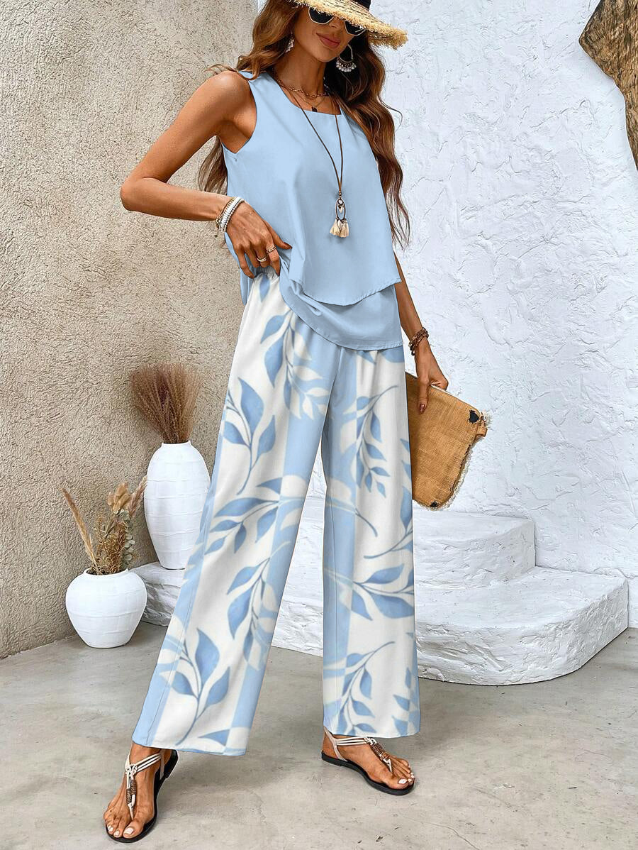 Marilena | Mujer Conjunto de Dos Piezas con Top en Capas y Pantalón Estampado