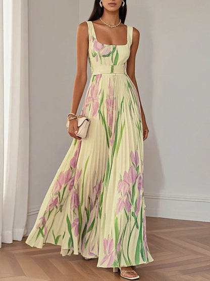 Lila | Mujer Maxi Vestido Floral con Detalles Plisados